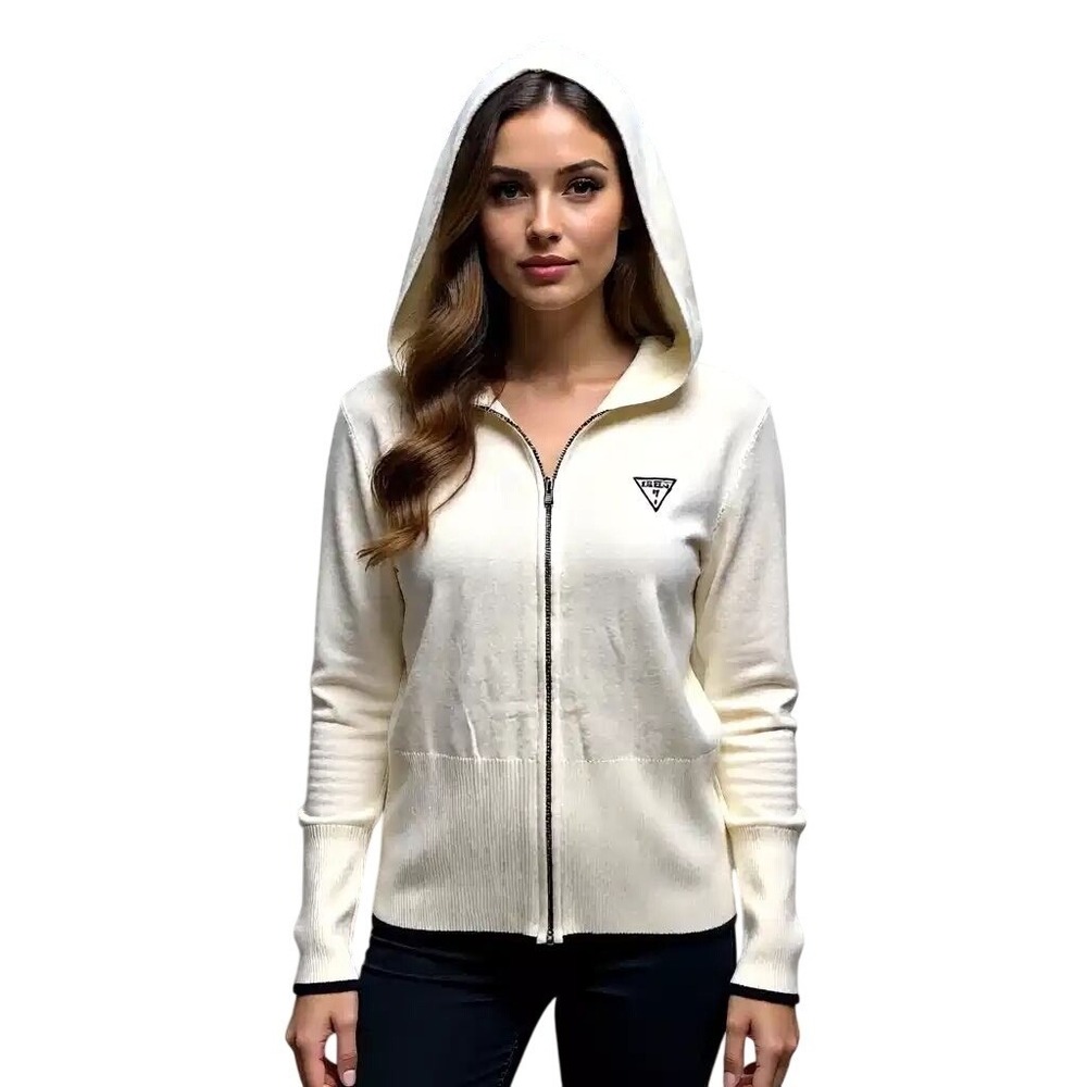 Guess Women Cream Knit Full Zip Hoodie Logo Detail‎ Long Sleeve Size XL NWT